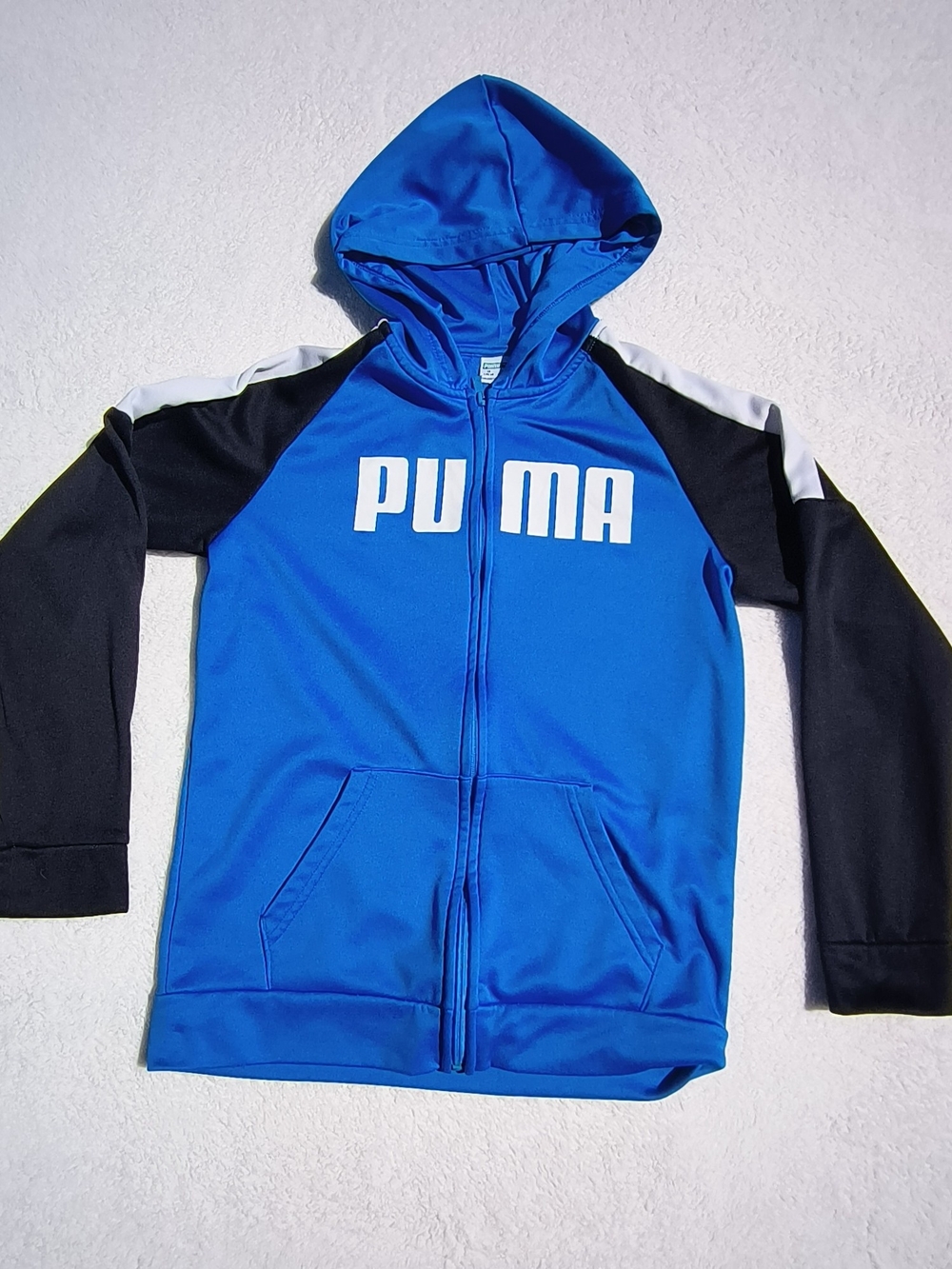 Puma Kids Blue Hooded Zip Jacket with Black Sleeves and White Accents